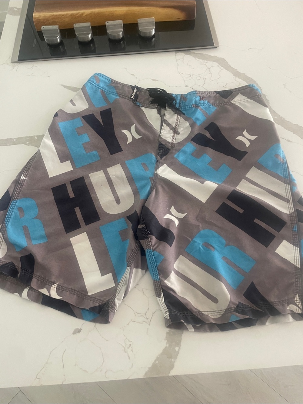 Hurley Gray, Blue & Black Graphic Logo Swim Shorts